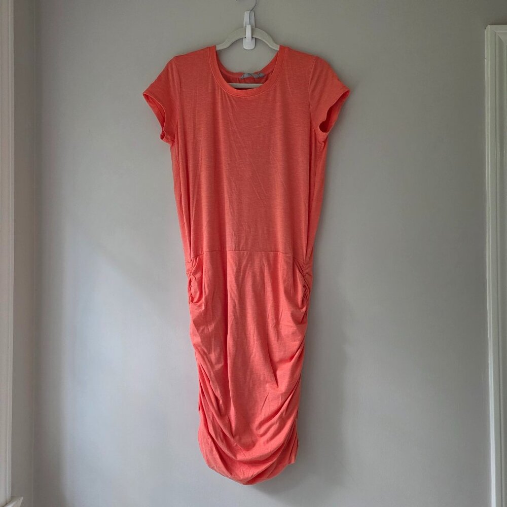 ATHLETA Topanga Shirt Dress | Med Tall | Coral Ruched Round Neck Short Sleeves